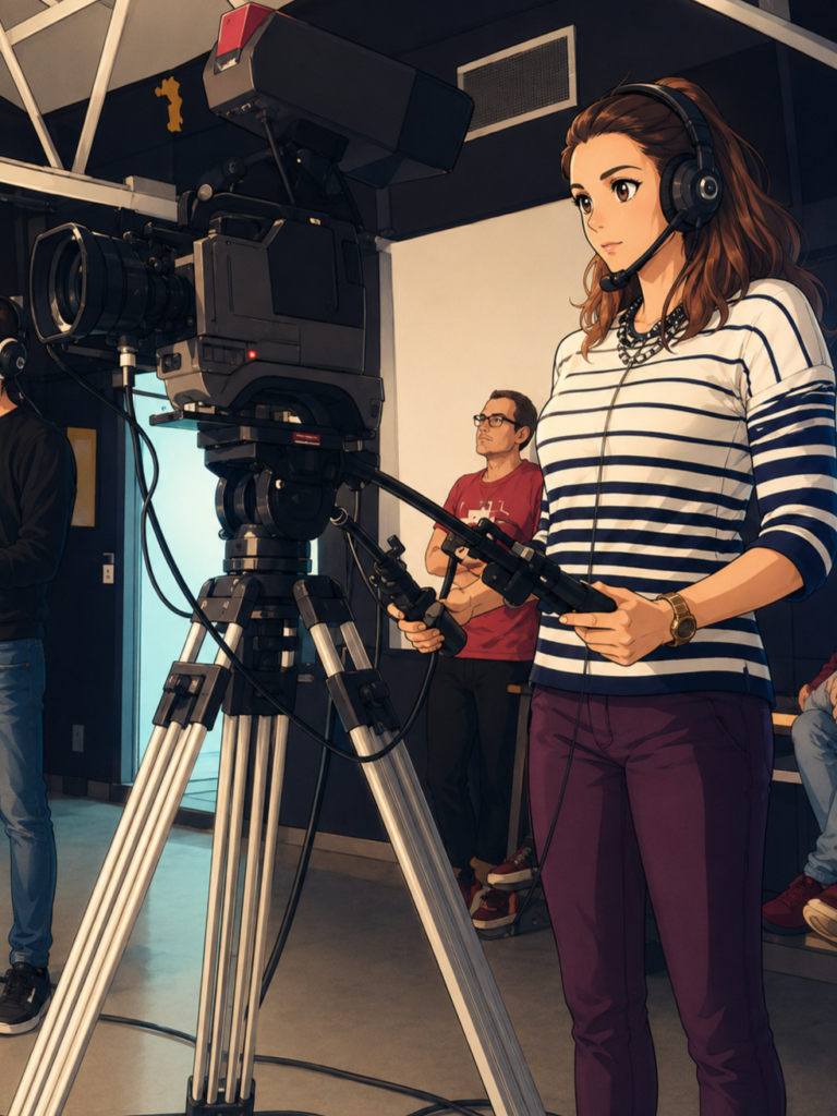 Silvia de soysilviacrea, creadora de contenido UGC en Sevilla, en set de grabación con cámara profesional y auriculares.