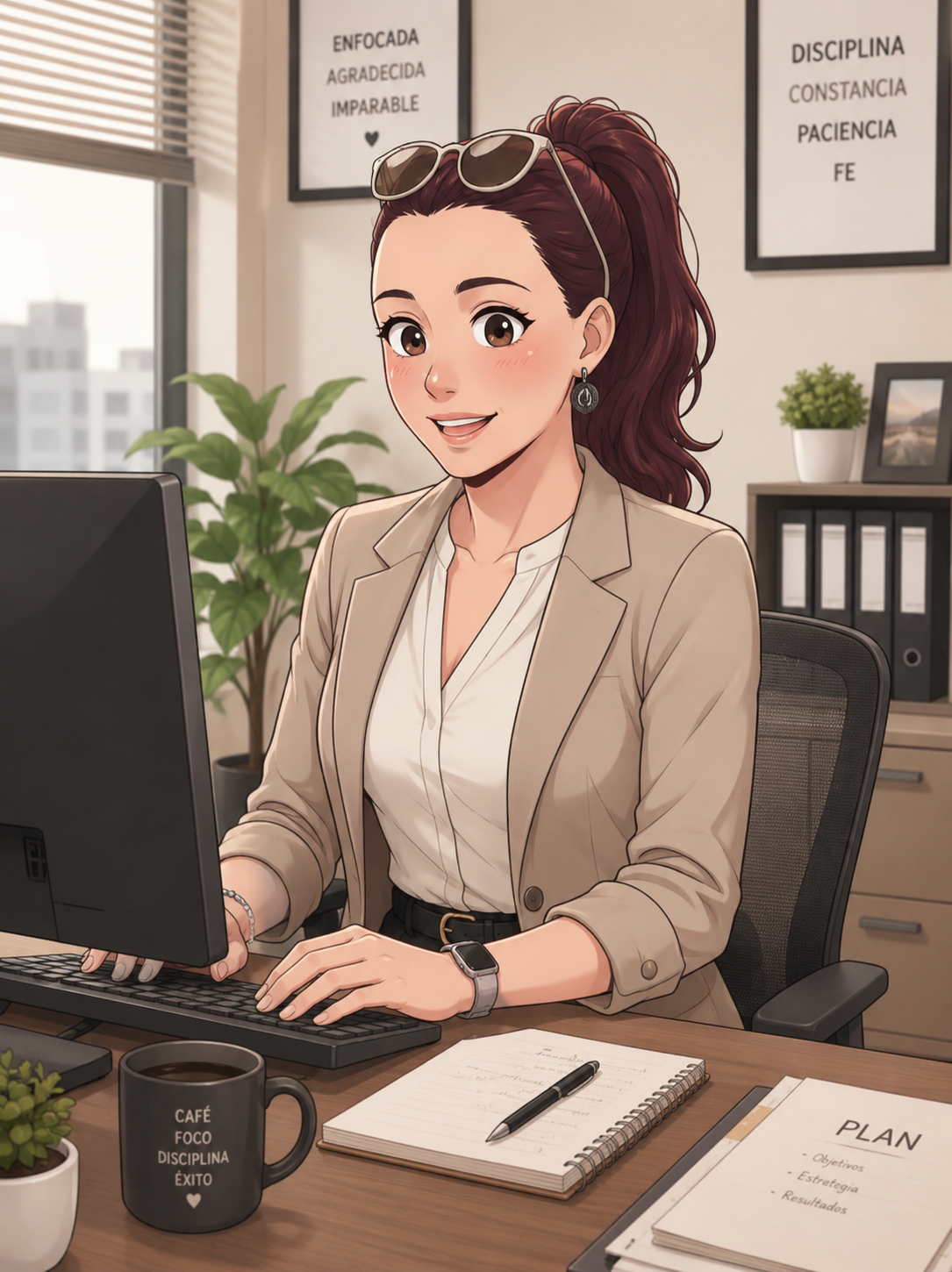 Silvia soysilviacrea, desarrolladora web Sevilla, trabajando en su ordenador estilo anime