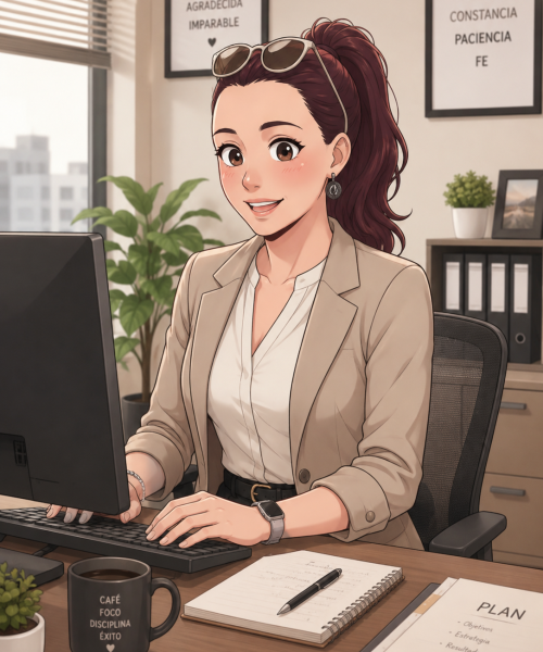 Silvia soysilviacrea, desarrolladora web Sevilla, trabajando en su ordenador estilo anime